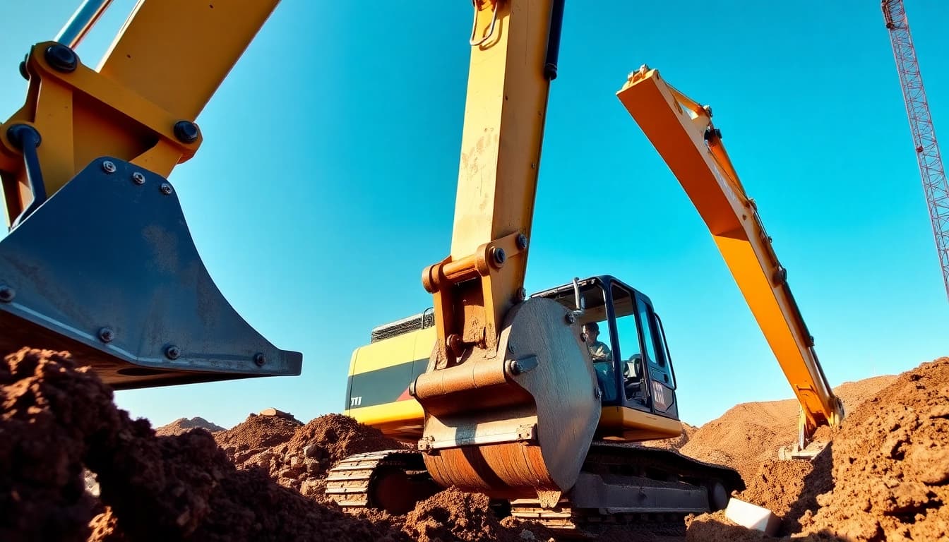 Excavator operating at a construction site, demonstrating powerful digging capabilities.