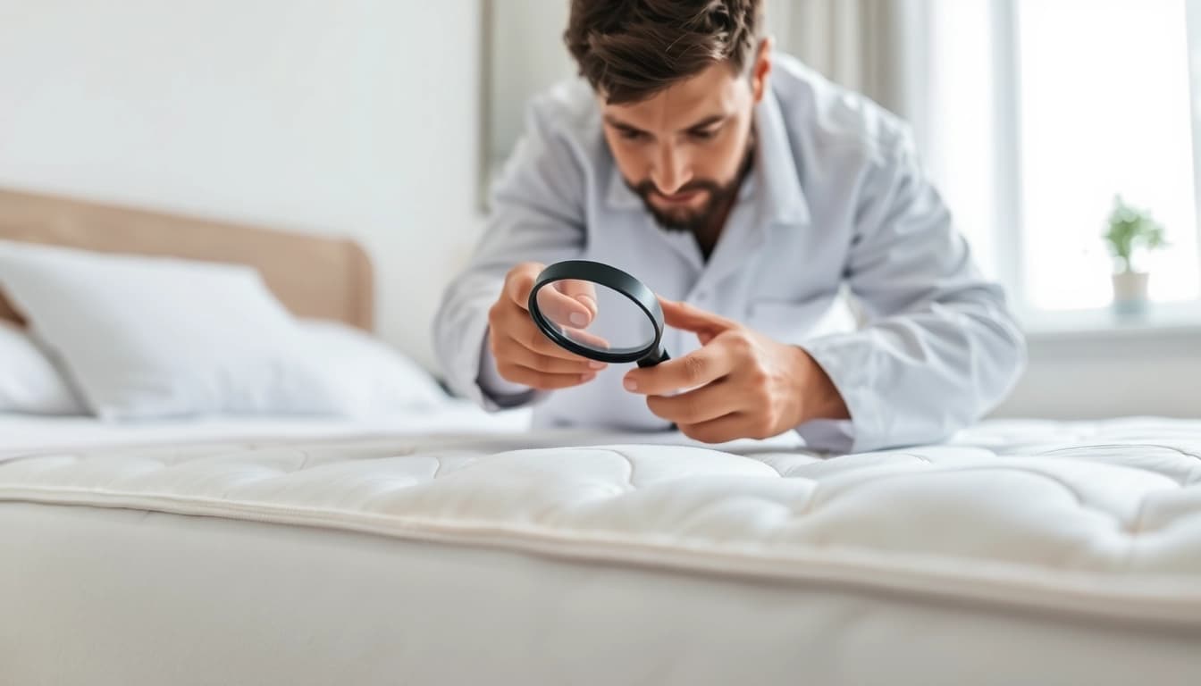 Inspecting for bed bug removal with a professional pest control technician in a bright bedroom.
