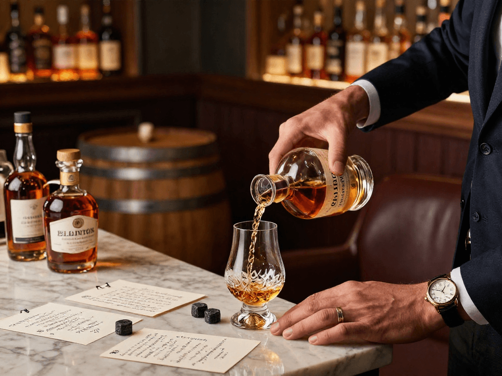 Blanton's Gold bourbon tasting scene with sommelier pouring whiskey.