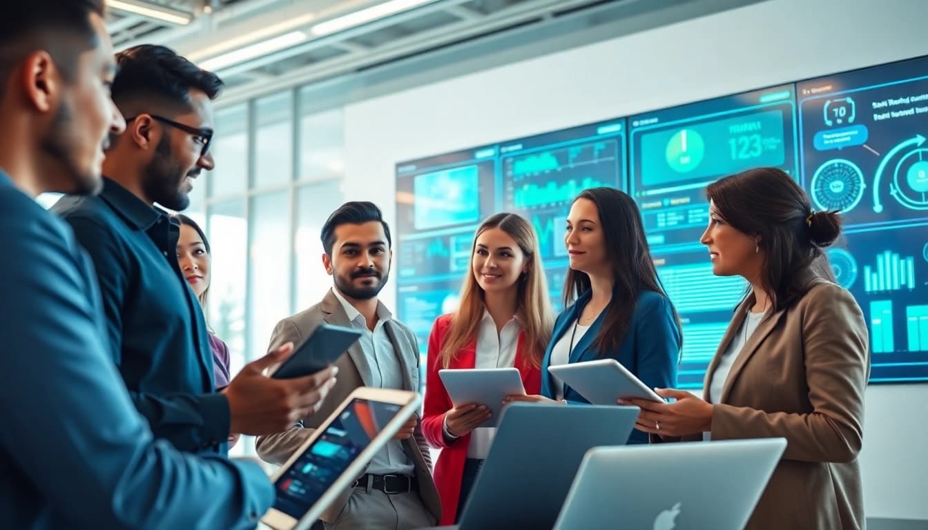AI agents collaborating with professionals in a modern office, highlighting innovation.