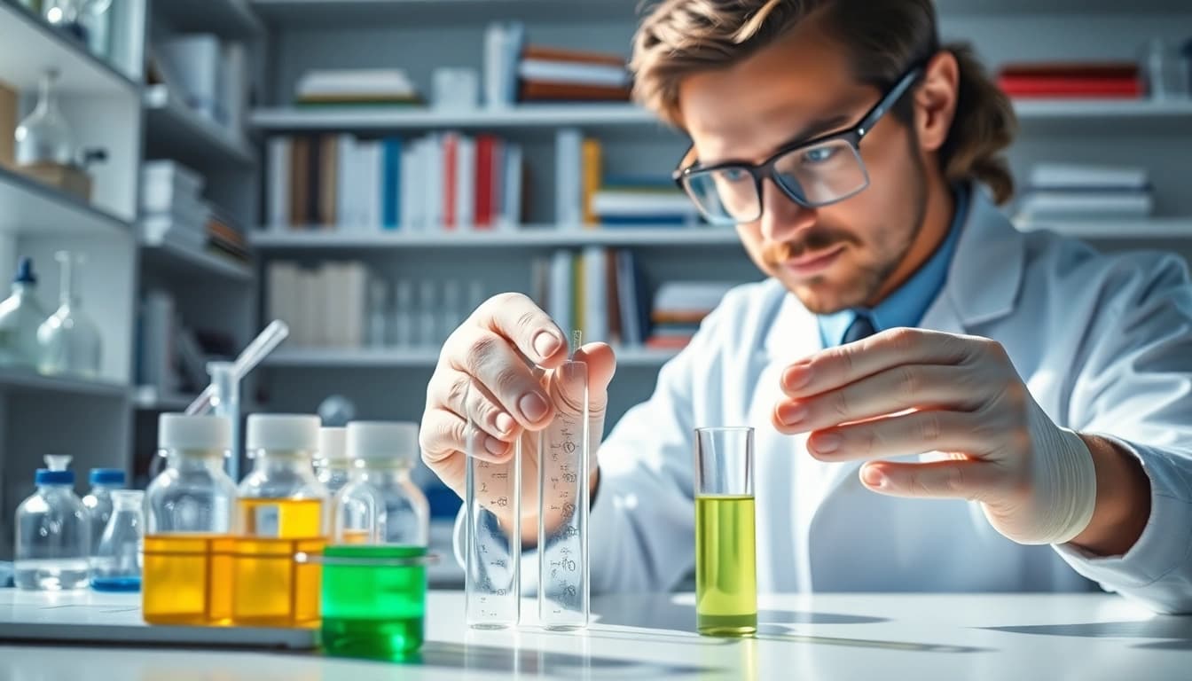 Engage in peptide shop reviews while observing detailed peptide research in a lab setting.