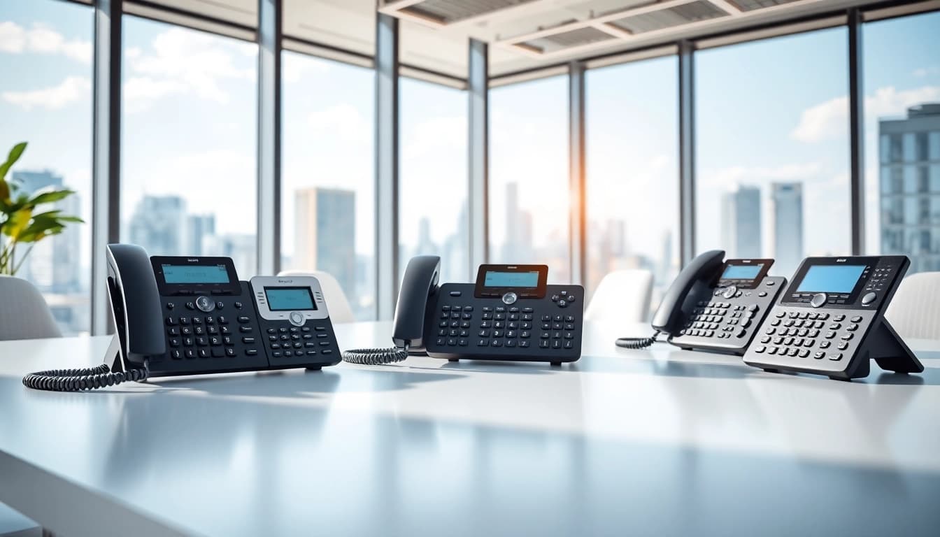 Engaging small business phone systems on a sleek desk in a bright office.