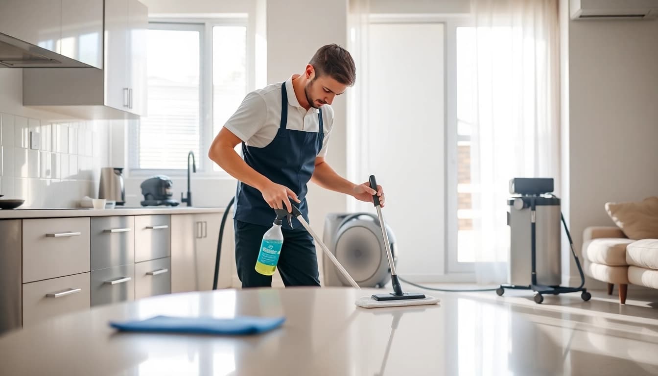Performing bond cleaning brisbane in a bright kitchen highlighting cleanliness and professionalism.