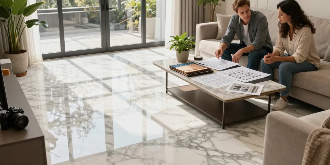 NAGA2000 premium marble flooring installation in a luxurious living room with interior design consultation.