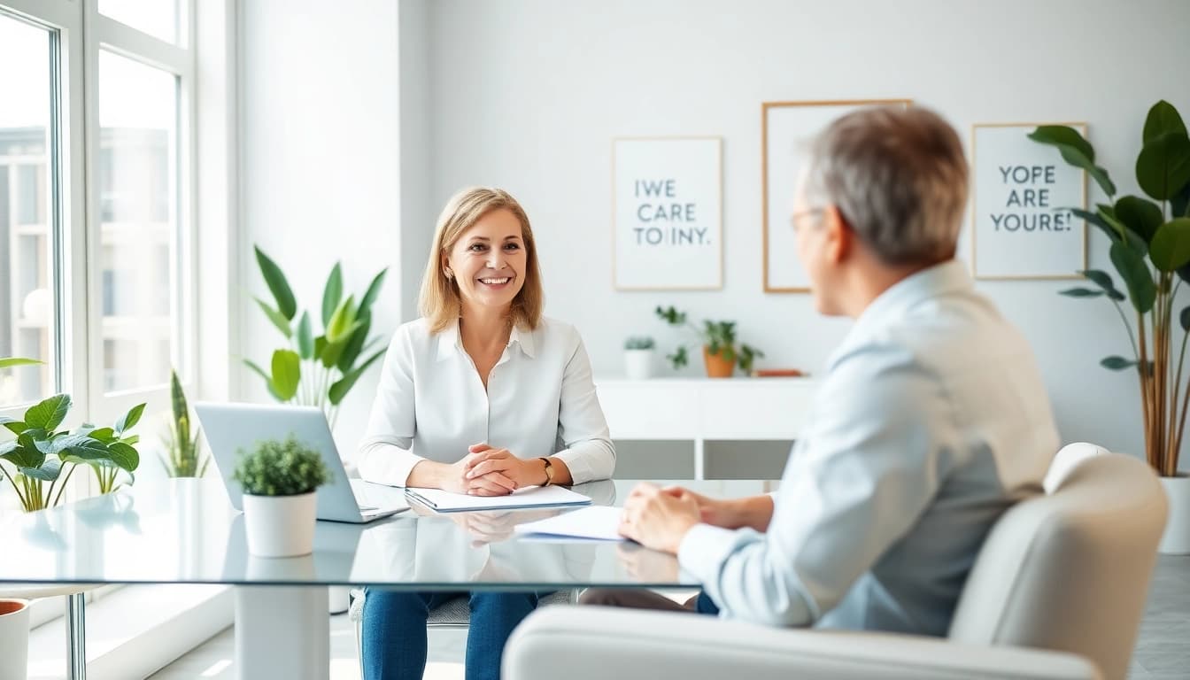Career coaching session with a professional coach guiding a client in a bright office.