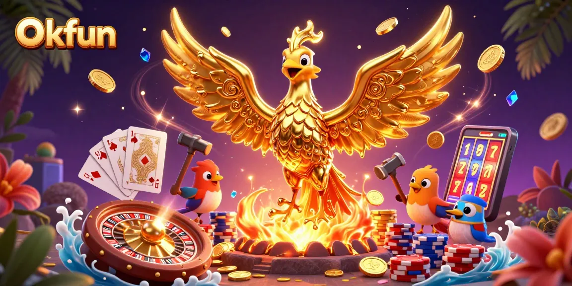 Experience thrilling gameplay at Okfun with a vibrant depiction of a molten phoenix and casino elements.