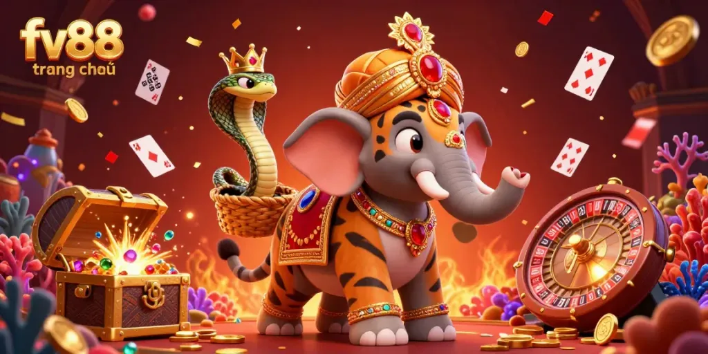 Experience the excitement at fv88 trang chủ with this vibrant casino-themed 3D illustration featuring an Indian maharaja and gold elements.