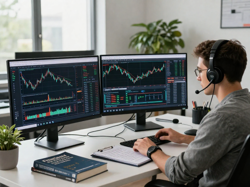 Trader utilizing MetaTrader 5 in a modern workspace, analyzing financial charts and indicators.