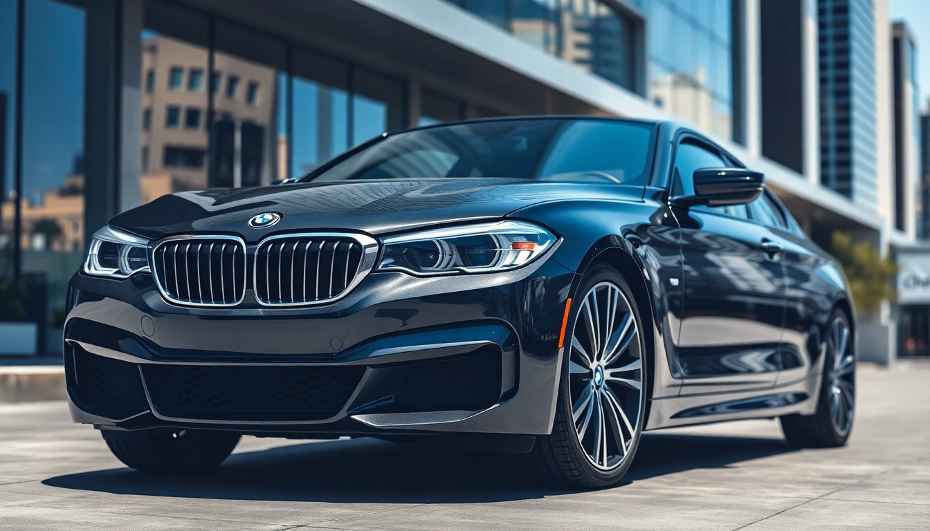 Luxury BMW car on display in a sophisticated urban setting, highlighting its sleek design.