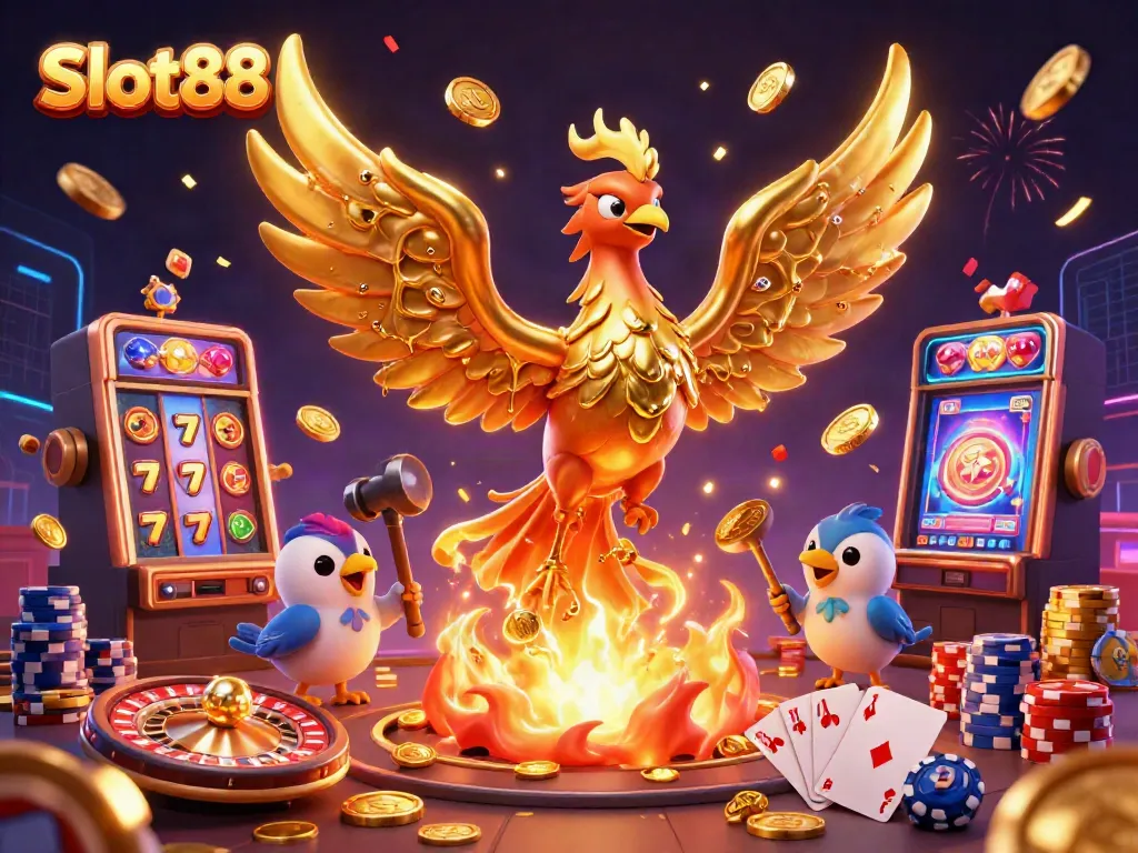 Menangkan permainan Slot88 dengan gambar kasino yang menampilkan phoenix emas dan simbol slot.