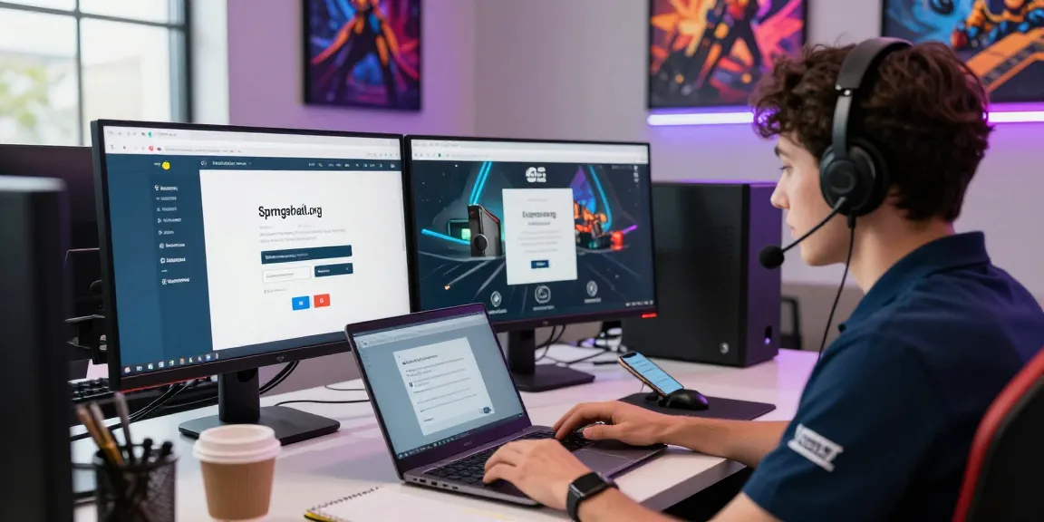 Online gaming support scene showcasing assistance at springshall.org for user login and account registration.