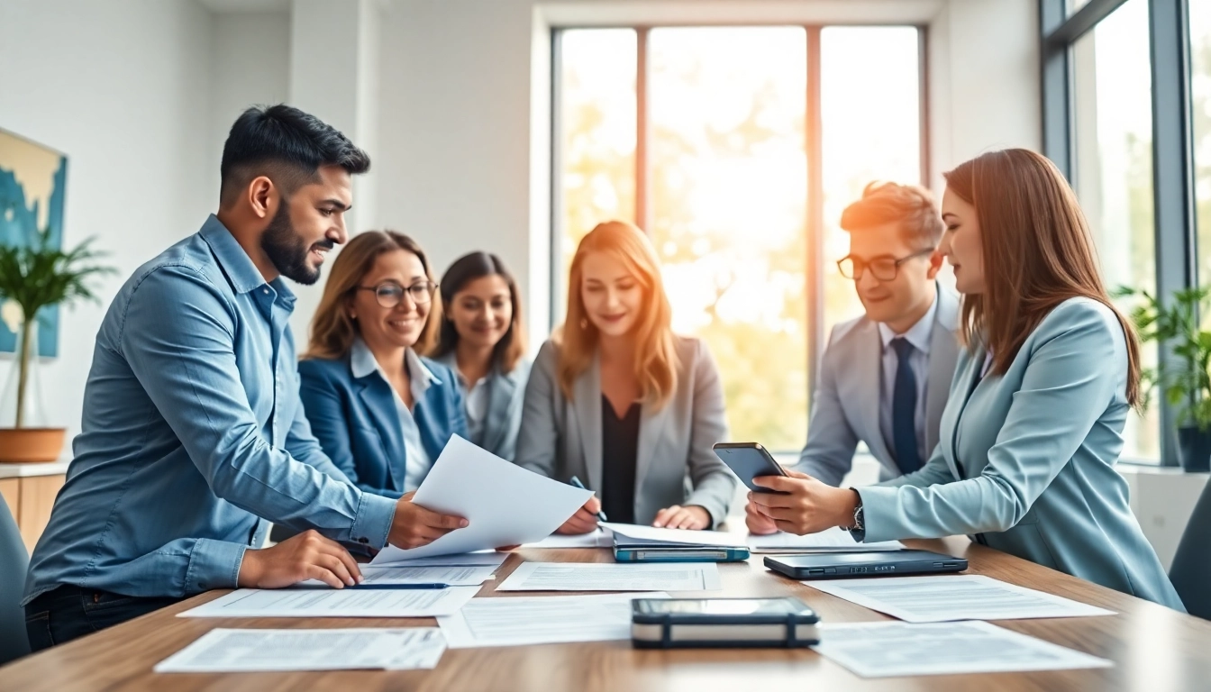 Discussing Escrow Services with a diverse team in a bright, professional office environment.