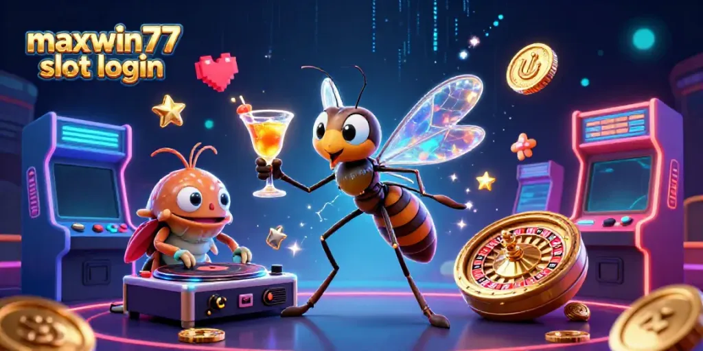 Maxwin77 slot login scene with animated characters and dynamic casino elements, showcasing vibrant gaming atmosphere.