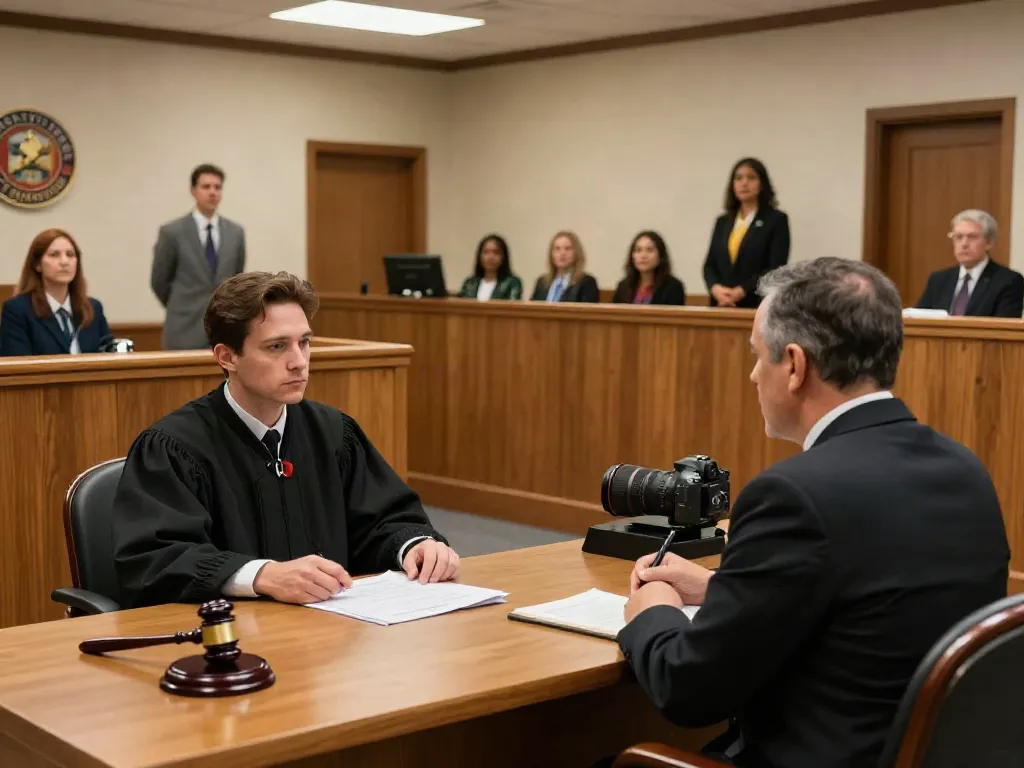 Forsyth County DUI court program courtroom session with judge, defendant, and attorney engaged in legal proceedings.
