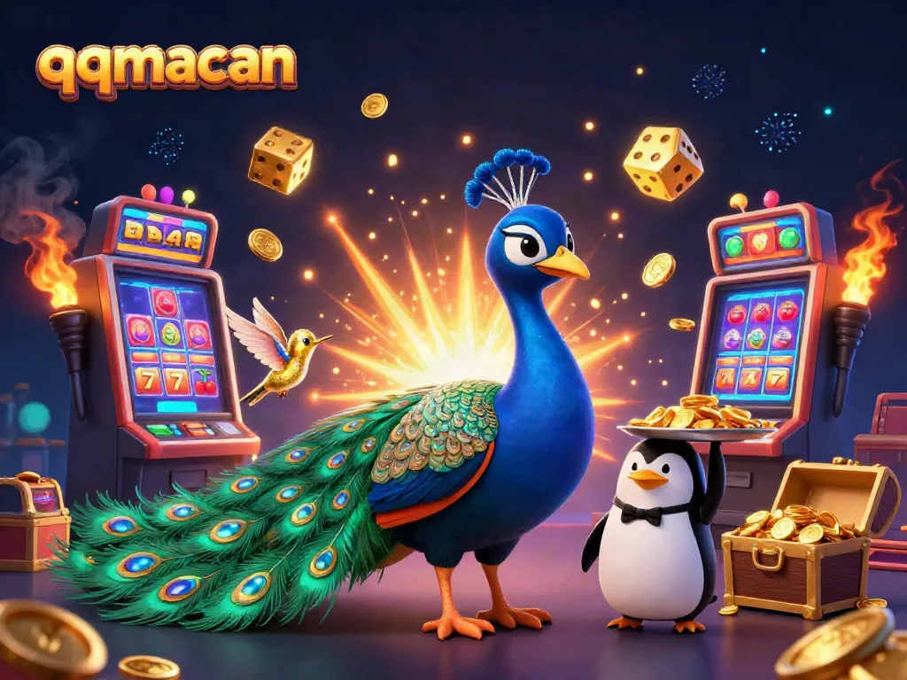 Engage in thrilling gameplay with qqmacan, featuring vibrant casino characters and explosive slot machine action.