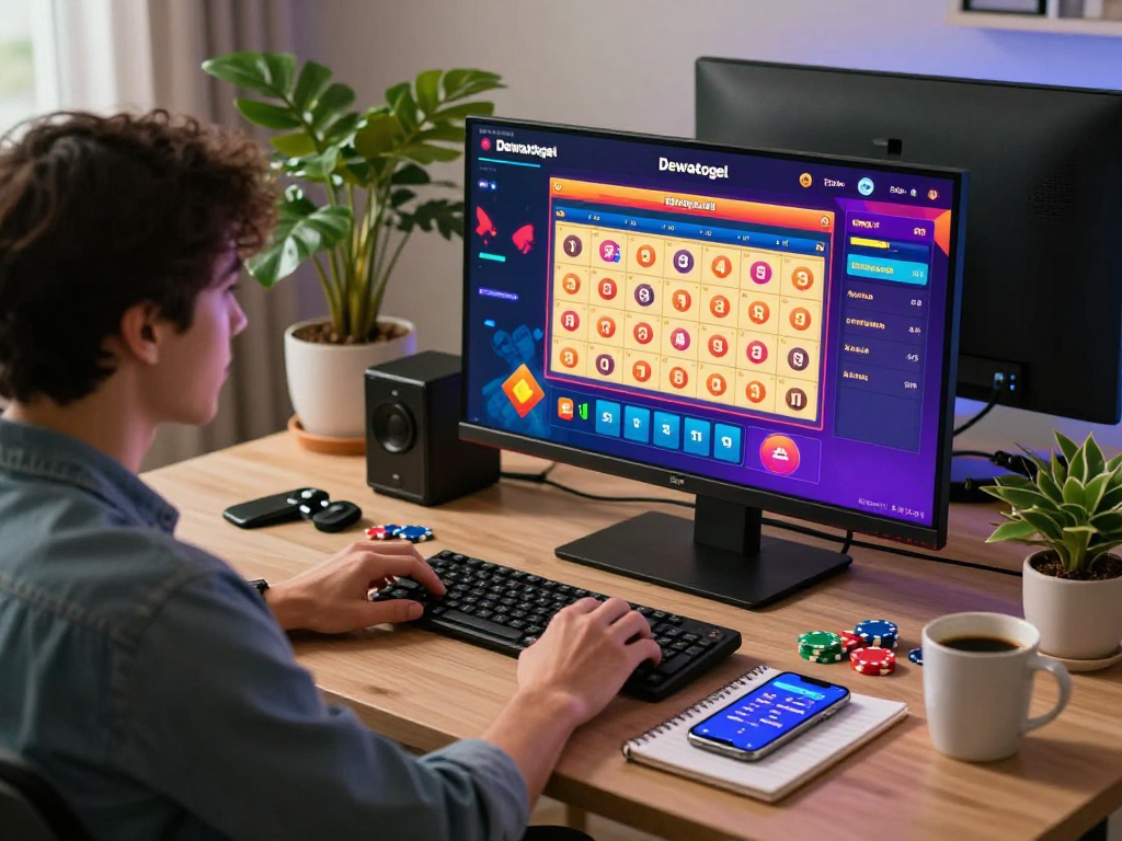 Dewatogel user engaging in online lottery games with vibrant graphics, gaming chips, and a cozy home office setup.