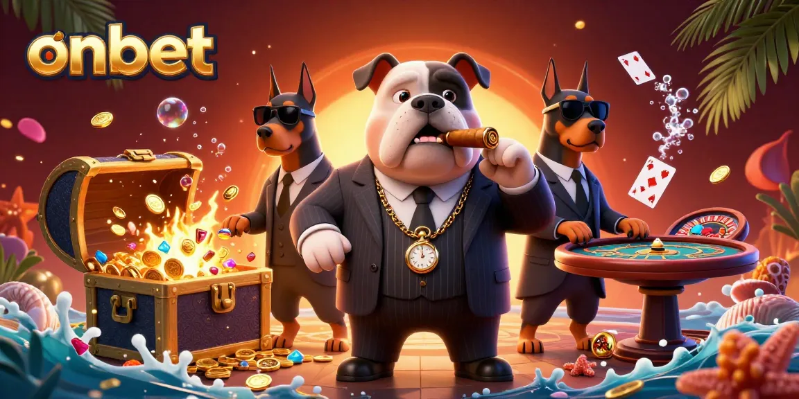 Engage with onbet: a vibrant scene featuring a mafia bulldog and Doberman bodyguards amidst casino excitement.