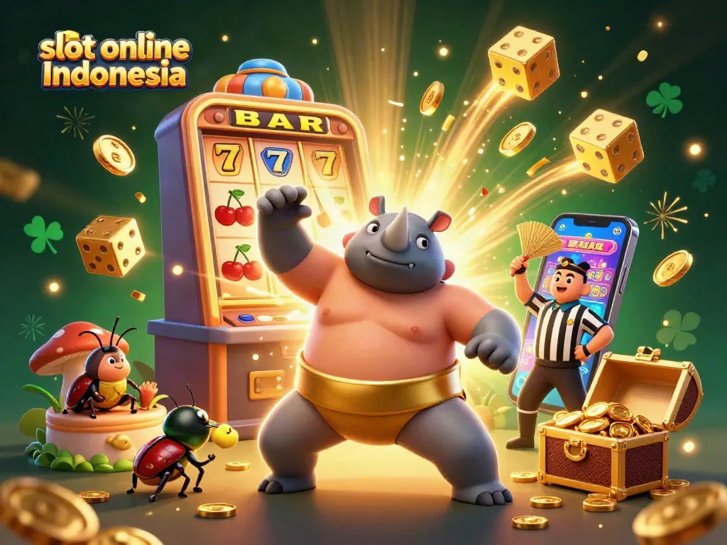Experience slot online Indonesia with a playful rhino beetle champion surrounded by colorful casino elements and jackpots.