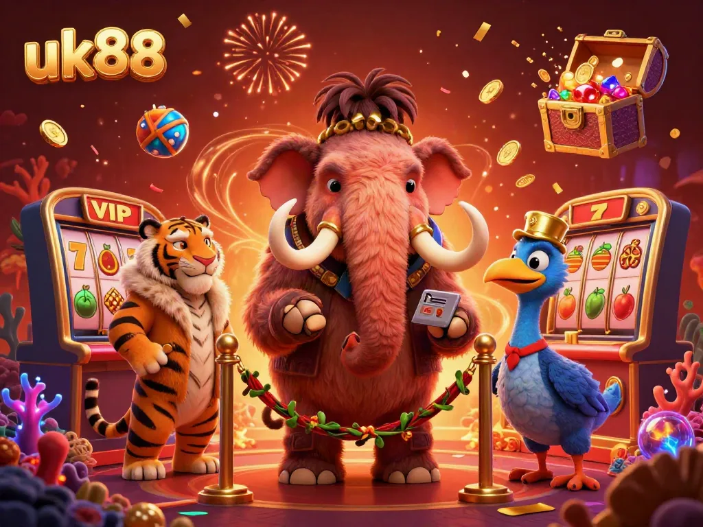 Experience an exhilarating casino scene at uk88 with a woolly mammoth bouncer, saber-tooth VIP, and dodo doorman amid vibrant game symbols.
