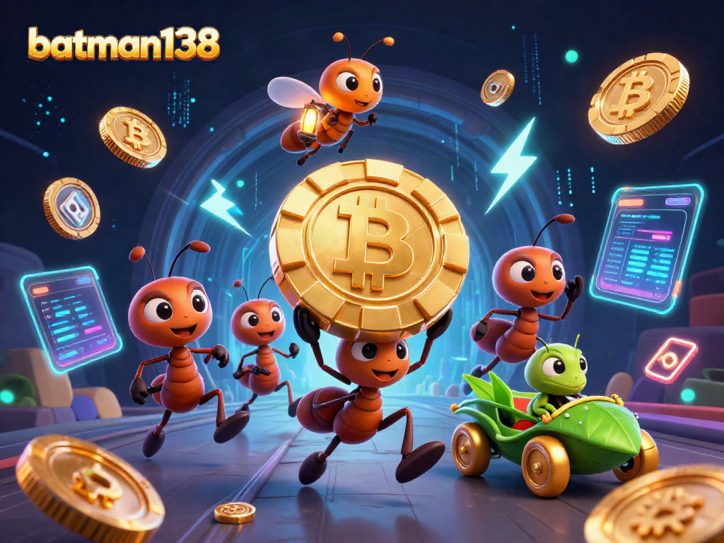 Engage in action with batman138 as a team of ants steals a giant chip amidst glowing crypto elements.
