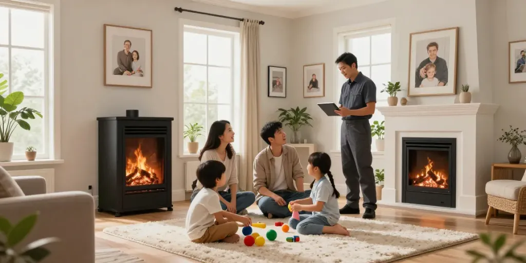Family gathering near a new furnace installation in a cozy living room showing warmth and comfort in the context of furnace install Calgary.