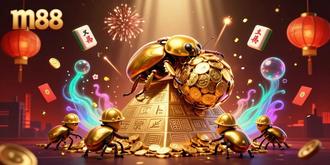 Experience thrilling gameplay with m88 as golden beetles roll coins among vibrant casino symbols.