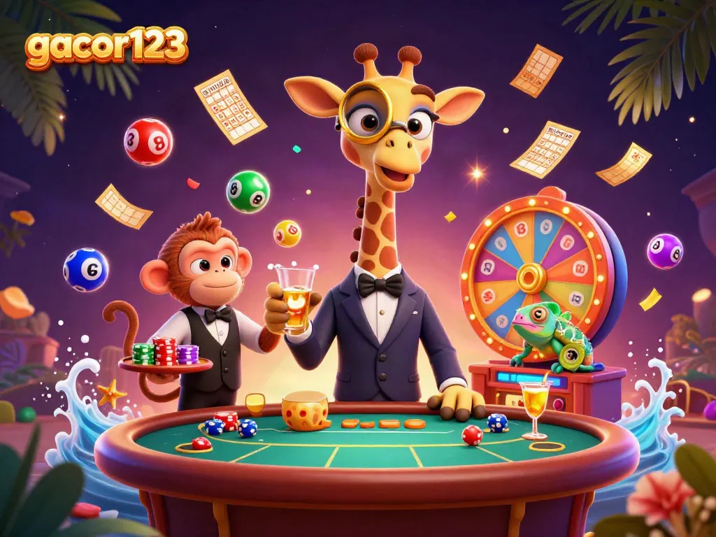 Experience gacor123 with a high-roller giraffe at a vibrant casino scene, enhanced by lively poker elements and dynamic atmosphere.