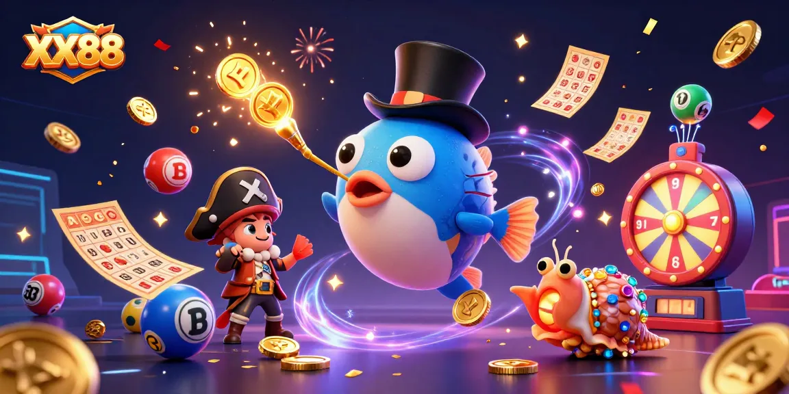 Engage in thrilling games at XX88 with vibrant lottery balls, golden coins, and lively aquatic characters.