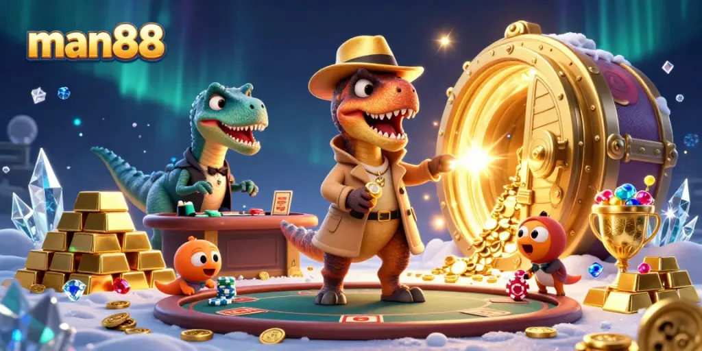 Experience exciting gameplay with man88 at a blackjack table featuring a clever velociraptor character.