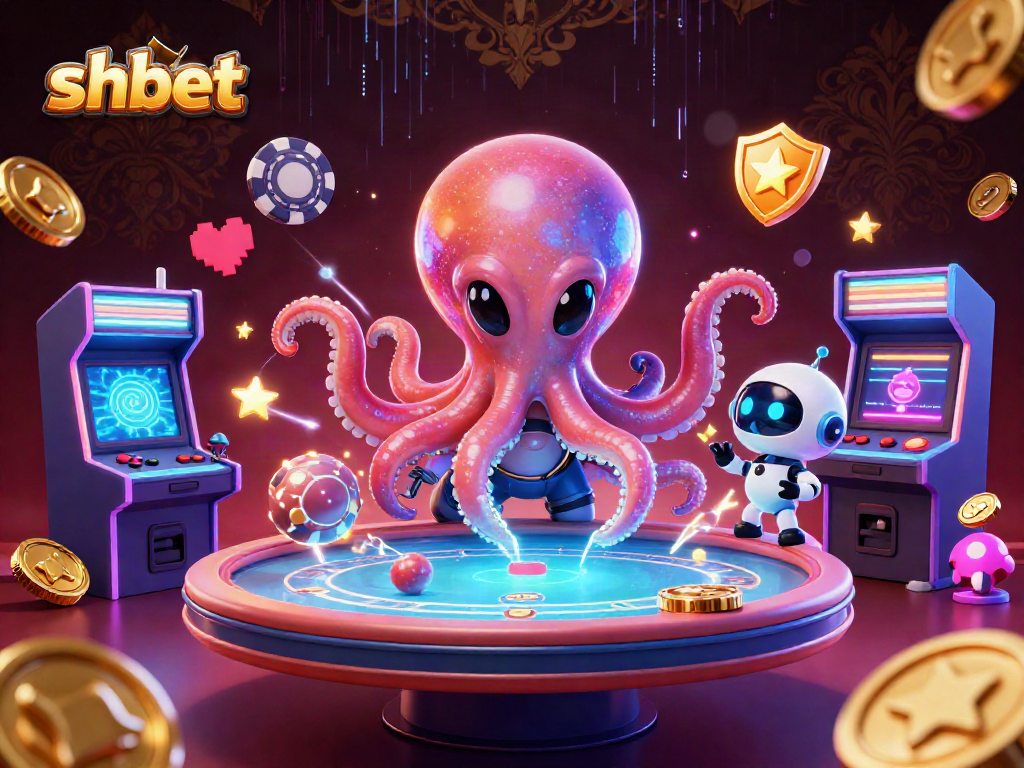 shbet's alien octopus plays poker in a vibrant 3D casino world filled with arcade games.