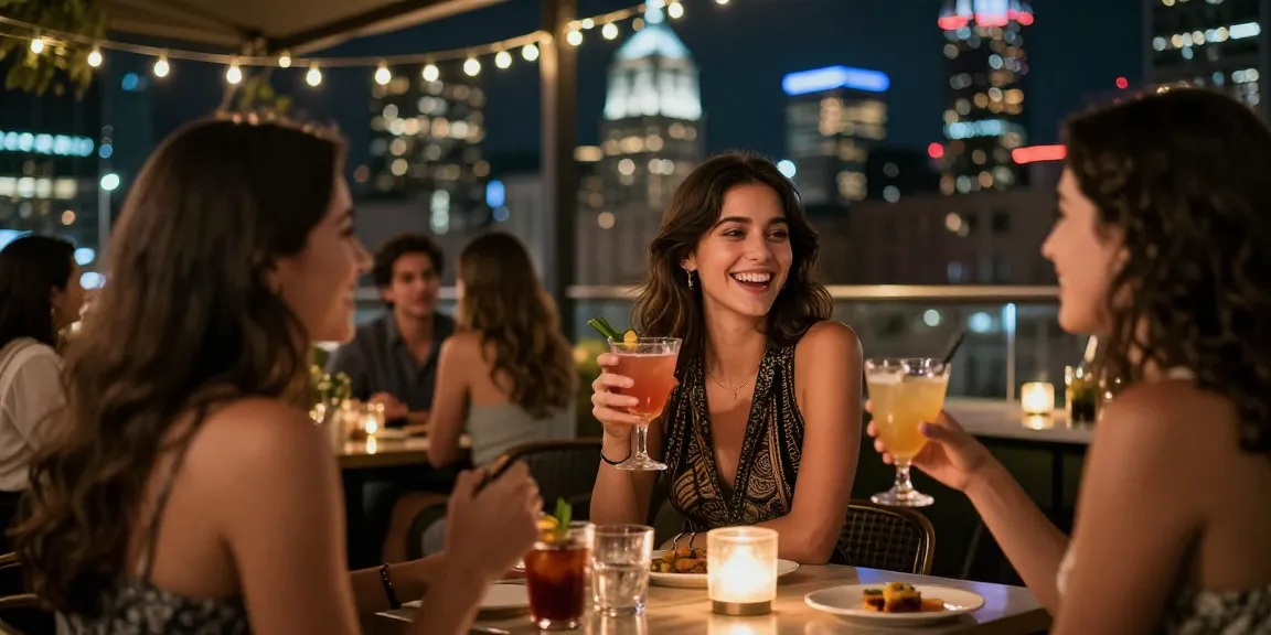 Cảnh đêm sôi động với gái gọi đang trò chuyện vui vẻ tại quán bar rooftop.
