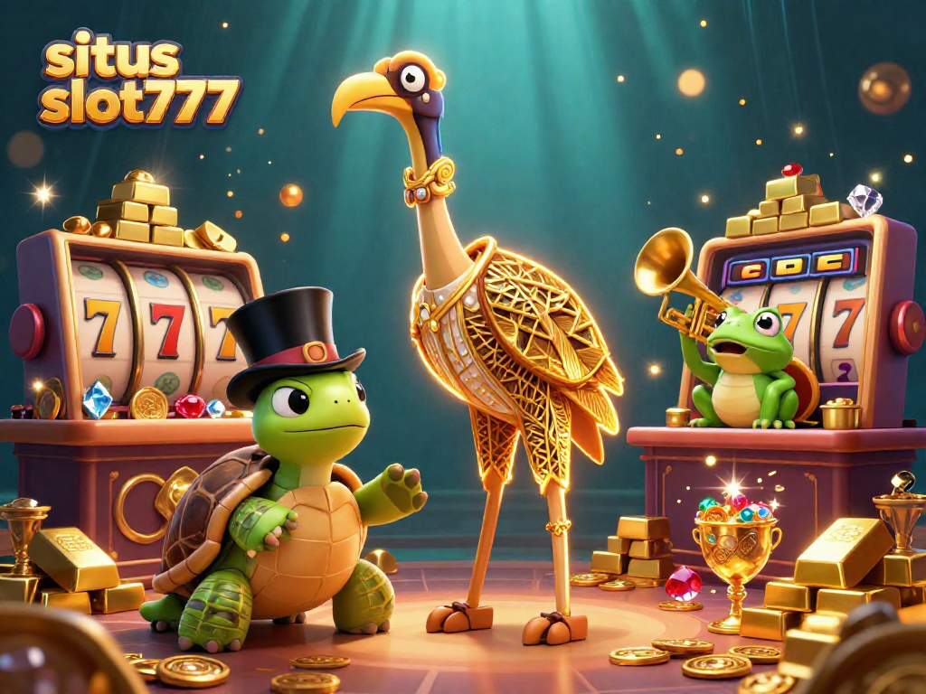 Situs slot777 features an energetic scene with vibrant gaming elements and charming characters in a celebration of luck.