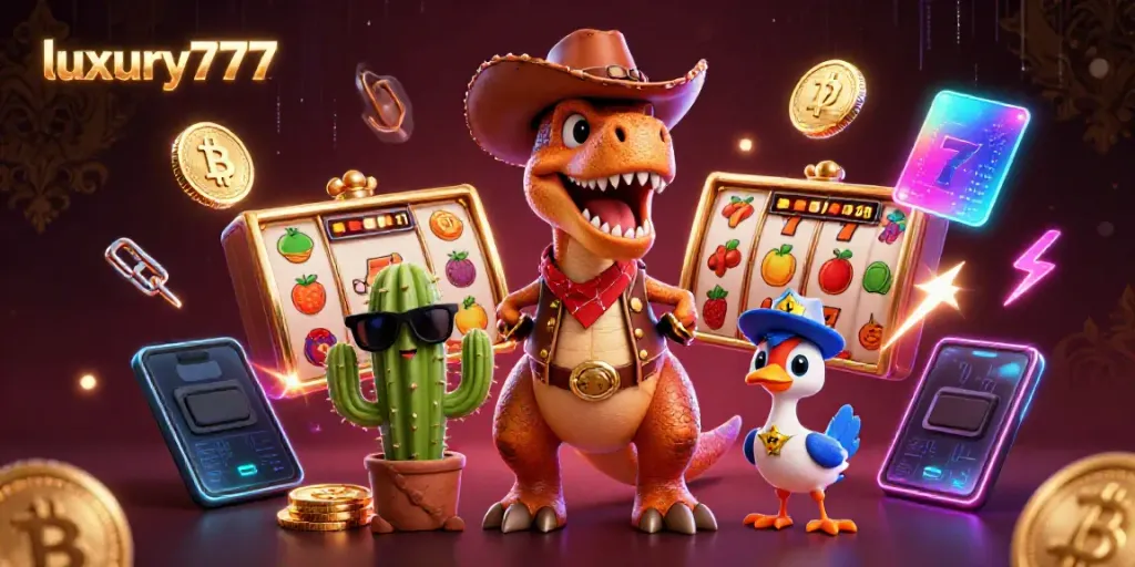 Engage with the dynamic world of luxury777 slots featuring a cartoon dinosaur and vibrant game elements.