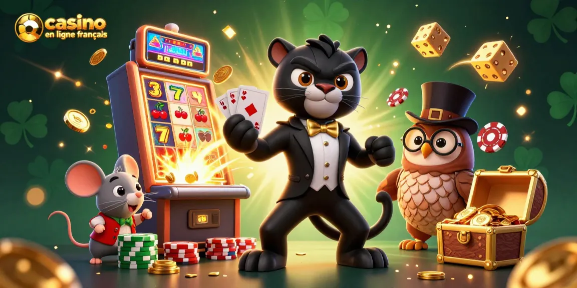 Jouez sur le casino en ligne français avec notre illustration captivante mettant en scène une panthère élégante et des éléments de jeu.