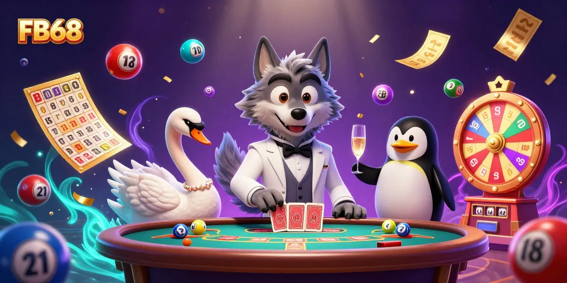 FB68 players celebrate as the debonair wolf and elegant swan create an exciting baccarat scene.