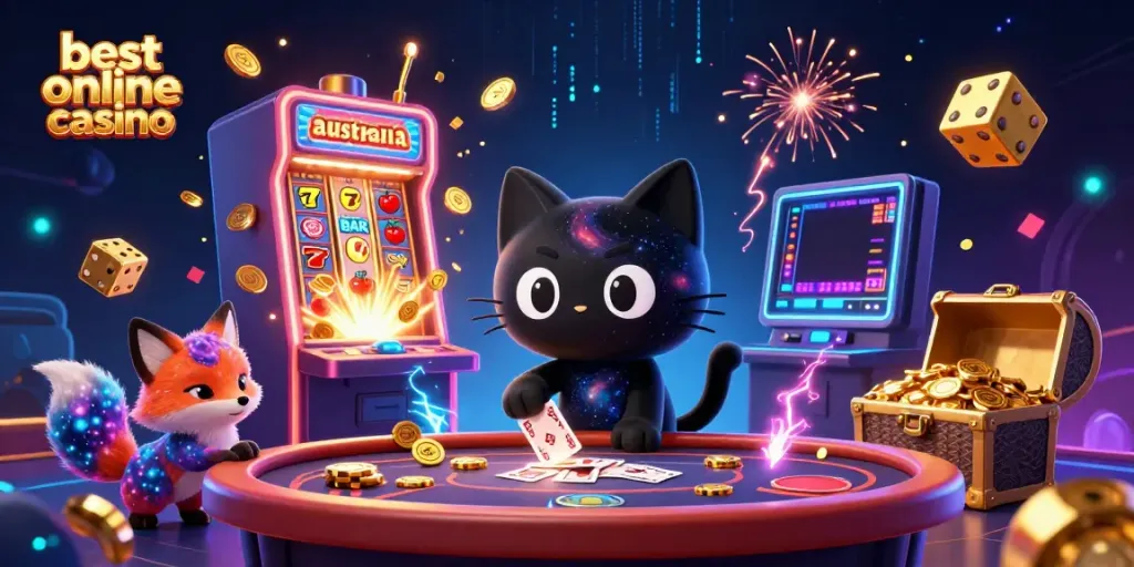 Witness the excitement of the best online casino Australia in this vibrant cosmic scene, featuring playful characters and thrilling elements.