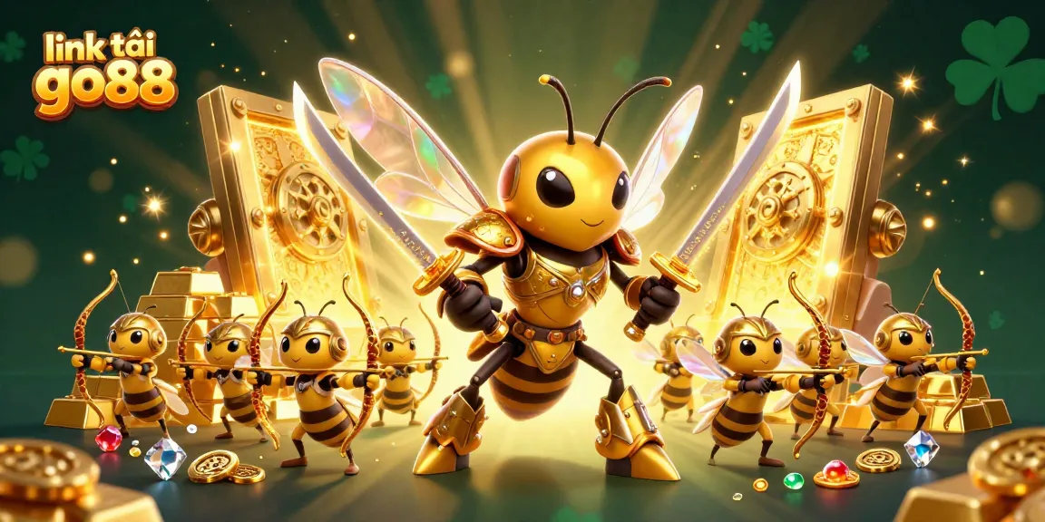 Engage with link tải go88 in this vibrant 3D casino scene featuring a golden hornet and treasures.
