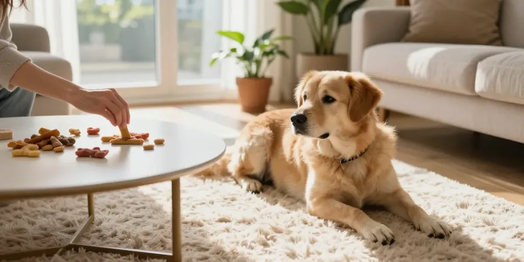 Calming Dog Treats displayed attractively beside a relaxed dog enjoying a cozy living room.