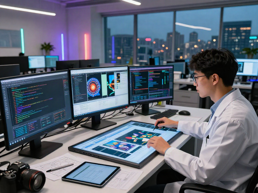 AI Image Detection showcased in a tech lab with scientists analyzing images and data.