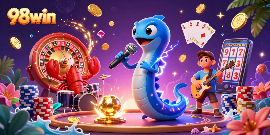 Experience vibrant underwater casino action with 98win featuring an electric eel DJ and colorful games.