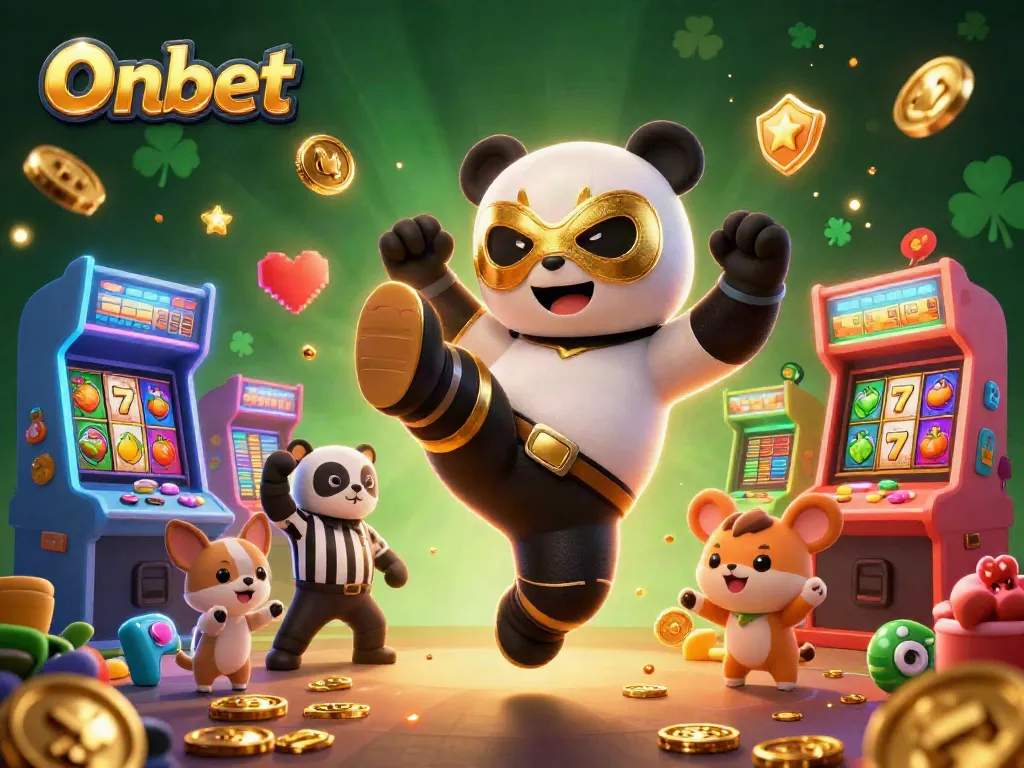 Experience Onbet's thrilling atmosphere with a vibrant scene featuring a panda wrestler in action, amidst casino-inspired elements.