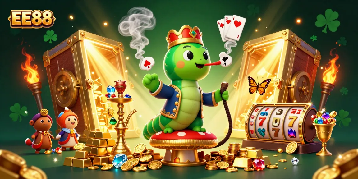 Experience the vibrant casino world with EE88's cartoon caterpillar and golden treasures.