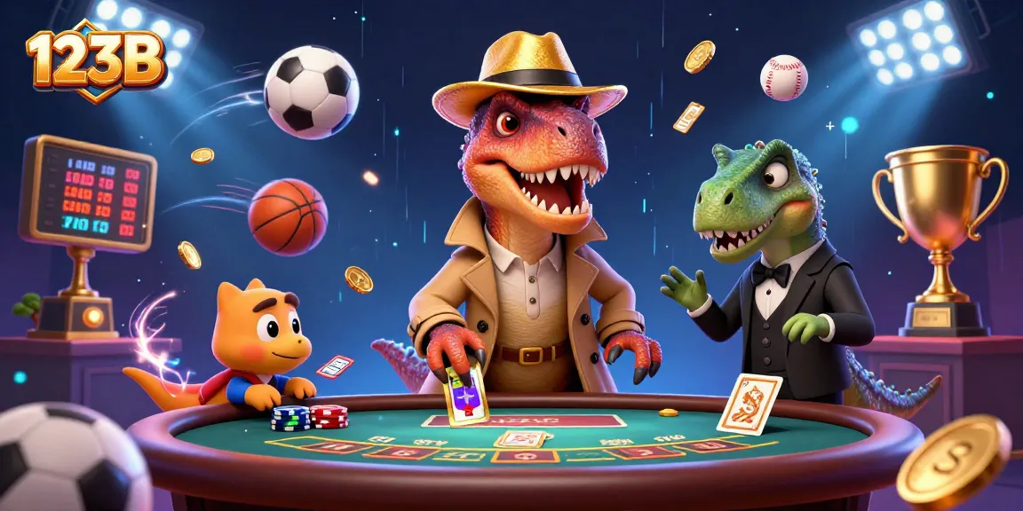 Experience thrilling gameplay at 123B with a cartoon velociraptor at the blackjack table amidst dynamic sports elements.
