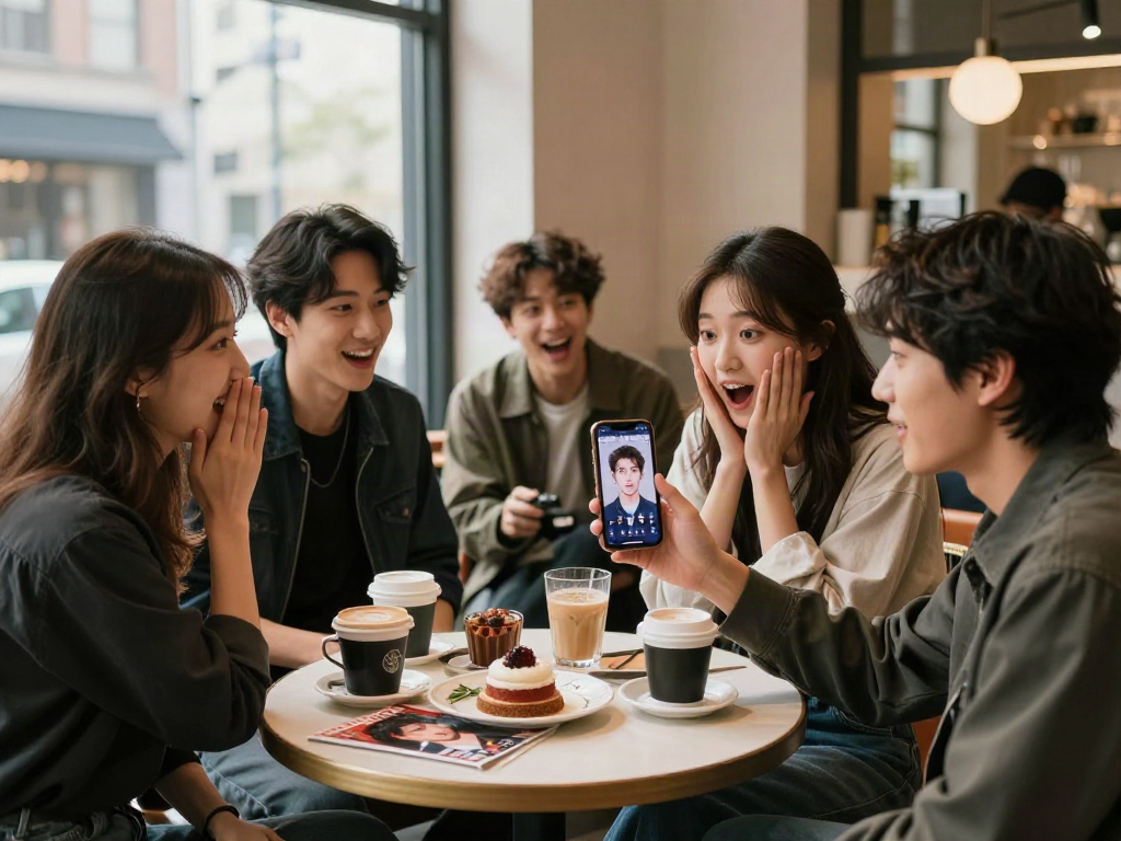 Friends discovering celebrities look alike at a coffee shop with a fun atmosphere and smartphone app.
