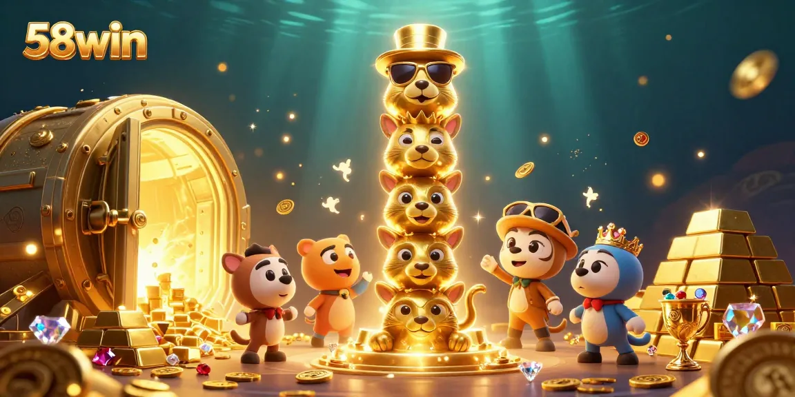 Engage in thrilling gaming experiences with 58win's exhilarating cartoon casino atmosphere filled with golden treasures.
