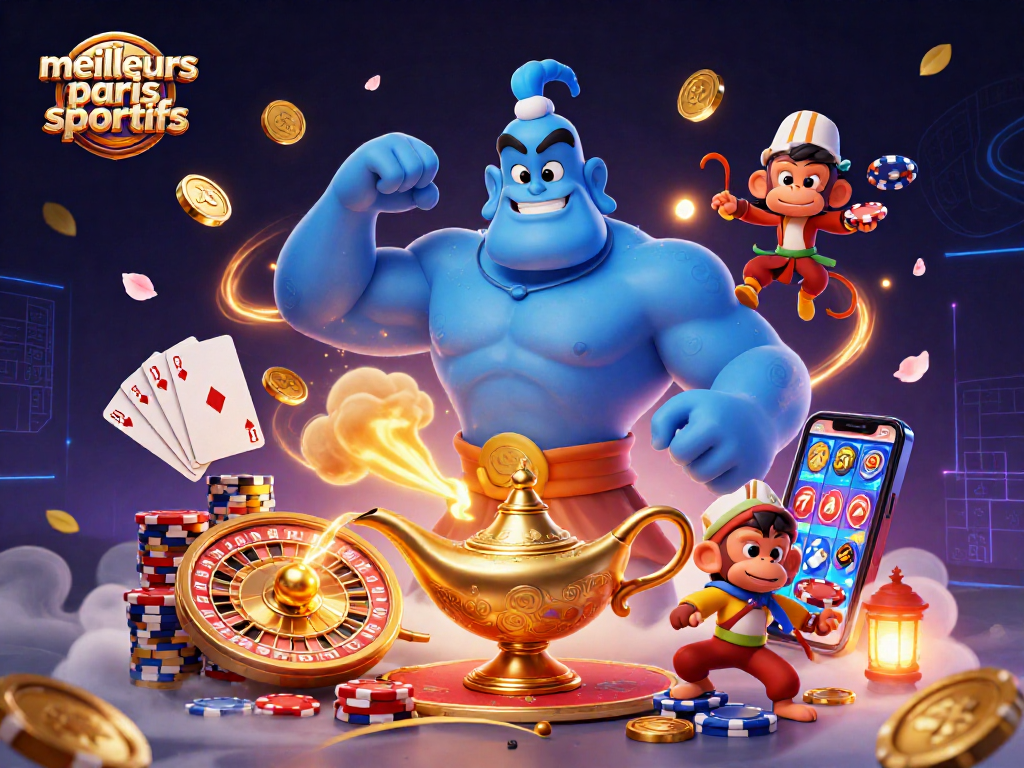 Pariez sur les meilleurs sites de paris sportifs avec une illustration dynamique de génie, tapis magique, et jetons de poker.