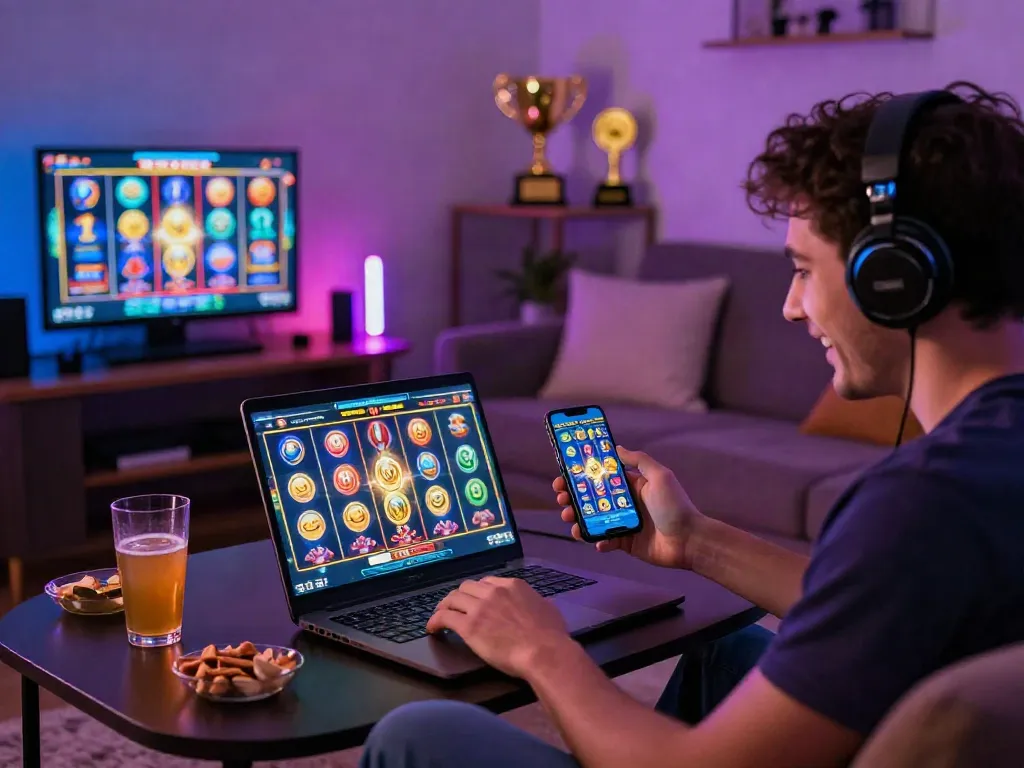 Player enjoying slot online game at home, vibrant atmosphere and cozy setting.
