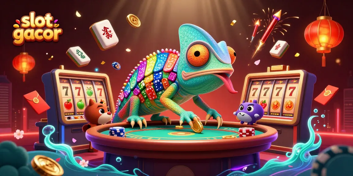 Engage in slot gacor with a vibrant casino scene featuring a chameleon owner and lively game elements.