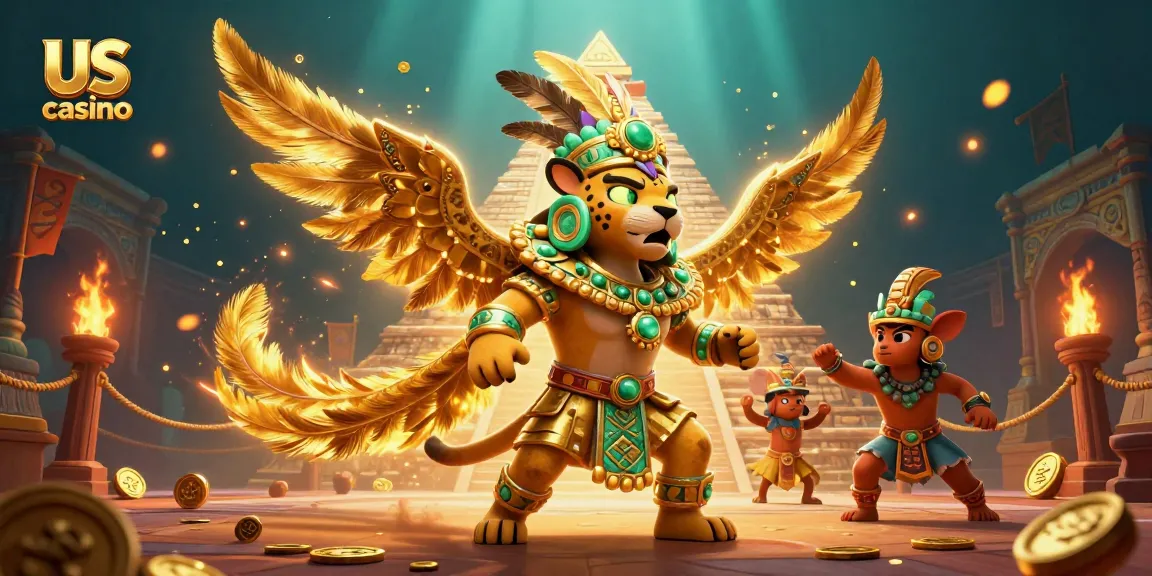 Engaging us casino scene with a Mayan jaguar priest and a quetzal bird amid golden decorations.