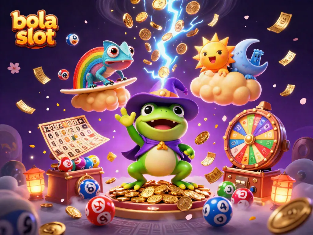 Bola slot offers excitement with a wizard frog conjuring golden coins amidst dynamic casino elements.